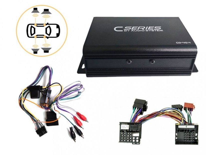 Zosilňovač pre predné aj zadné reproduktory pre vozidla Škoda